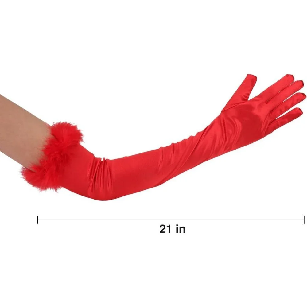 Women's Long Elbow Length Red Satin Feather Trim Evening Gloves Tea Party